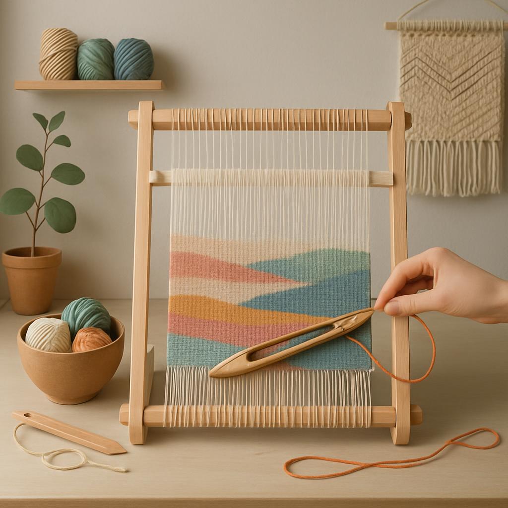 Un tapisserie en cours de réalisation utilisant des fibres textiles.