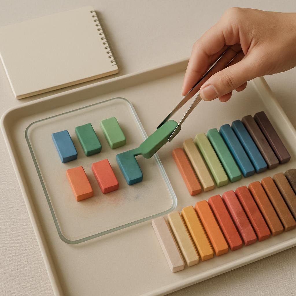 "Blond artiste tenant un poseur de pastels d'une main et un pinceau pour pastel mantenerr avec un autre"